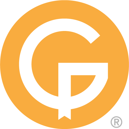 A white letter G stylized to look like a bookmark, set against an orange circular background with a registration mark.