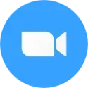 A white video camera icon centered on a blue circular background.