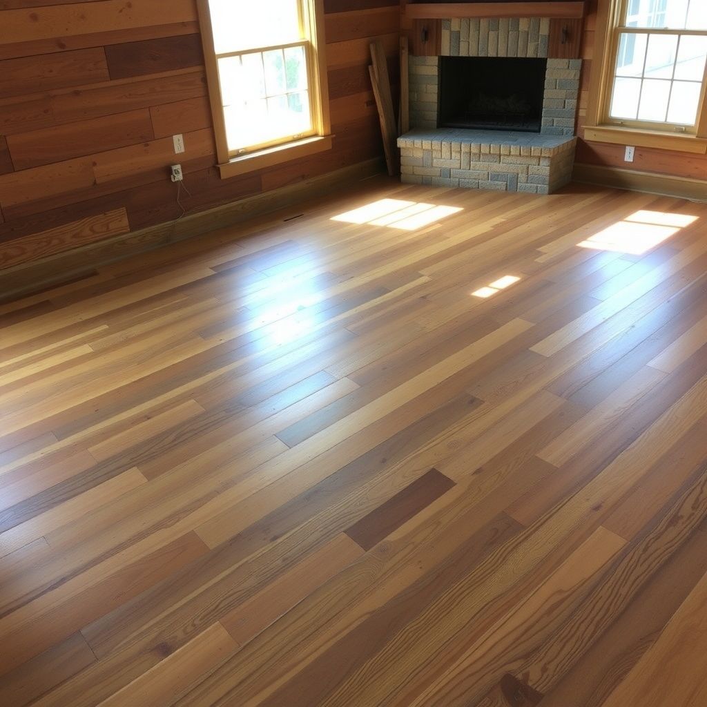 Hardwood floor in a room with wooden walls, windows, and a stone fireplace.