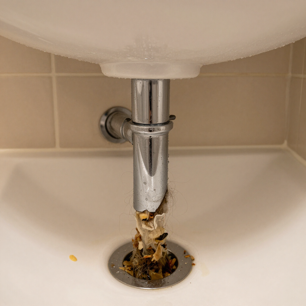 Bathroom sink drain with chrome pipe and visible food debris clogging the drain opening