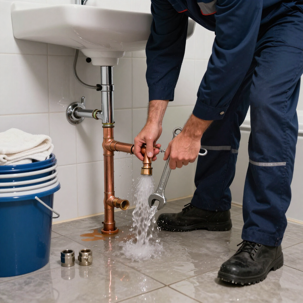 Plumber working under a sink, tightening a copper pipe as water splashes onto the tiled floor.