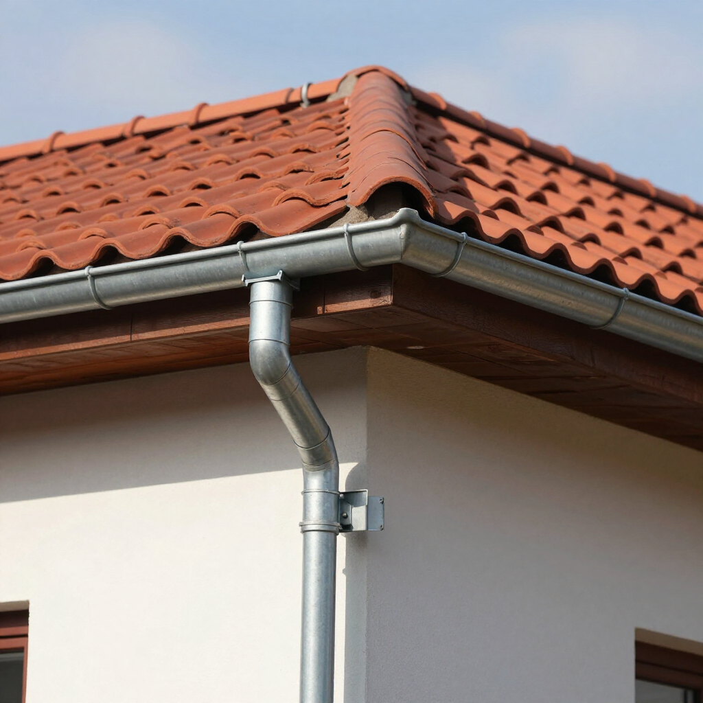 Red-tiled house roof with silver rain gutter and downspout on a white wall
