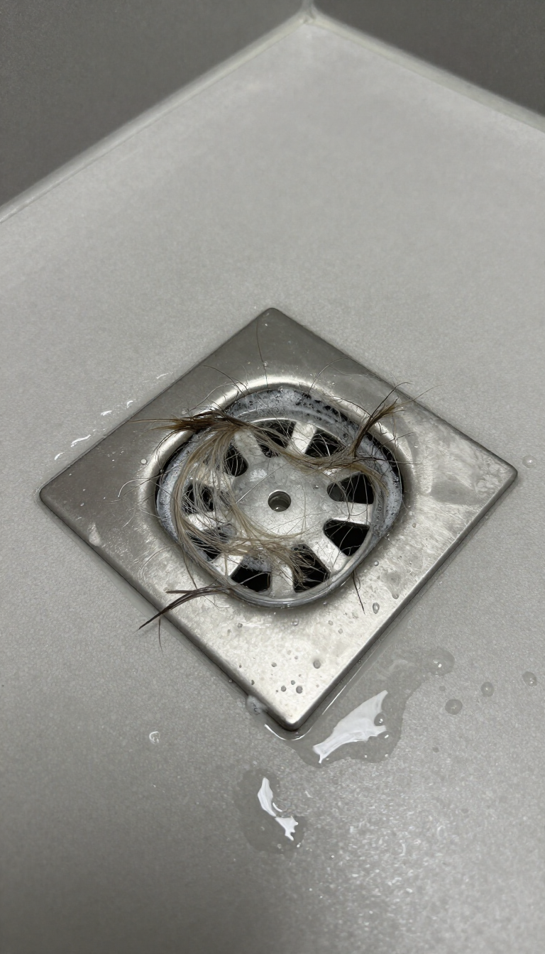 Close-up of a metal sink drain with a square silver cover and water droplets around it