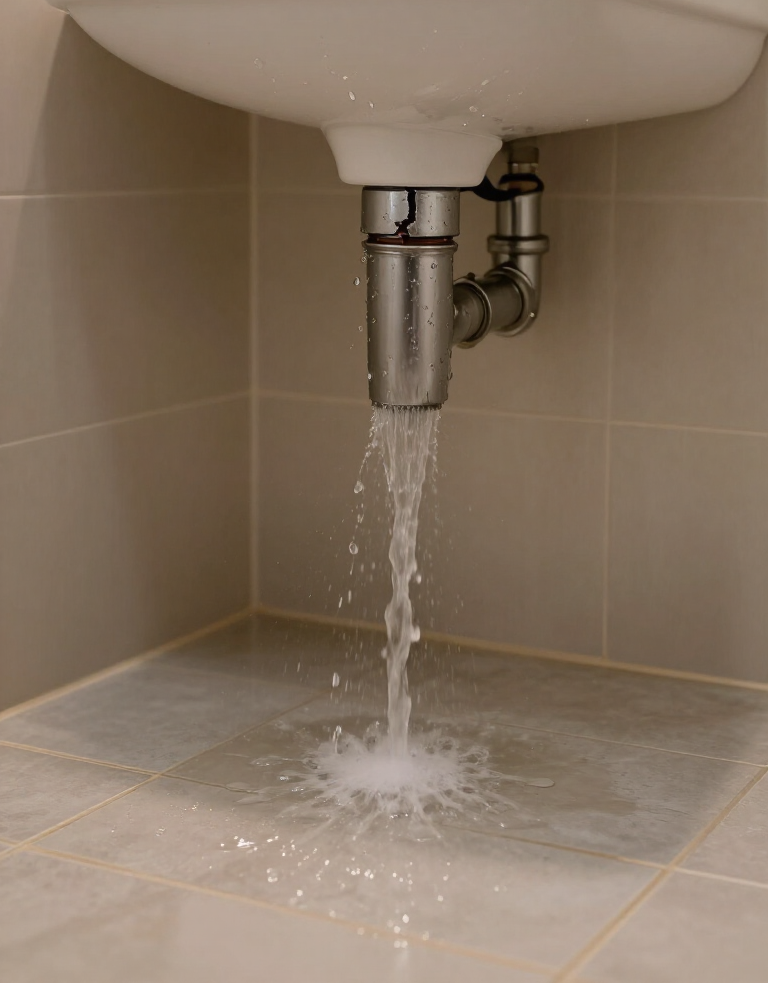 Leaking sink drain with water spilling onto the tiled floor.