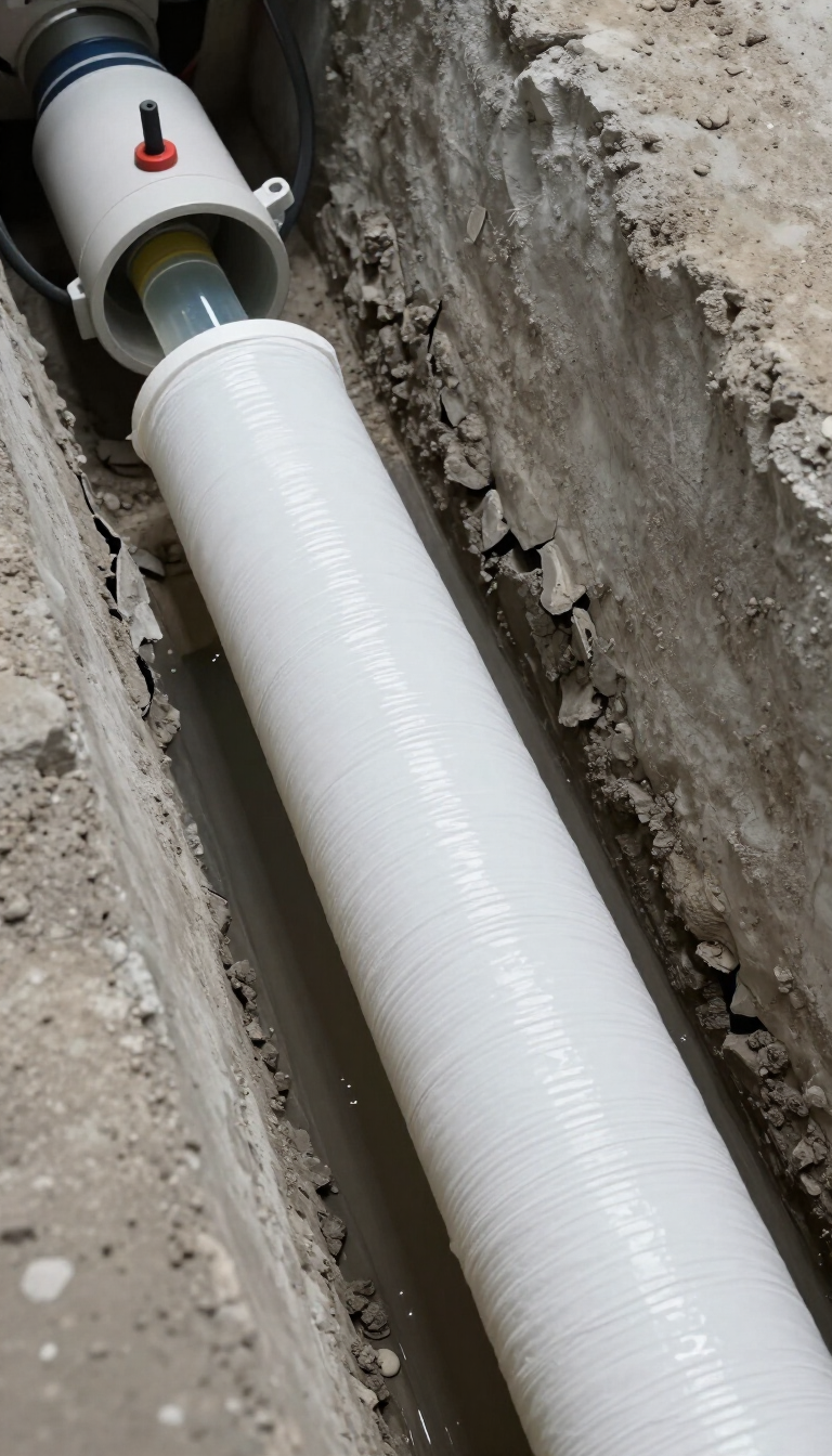 White utility pipe installed in a narrow dirt trench, with a gray connector fitting at the end.