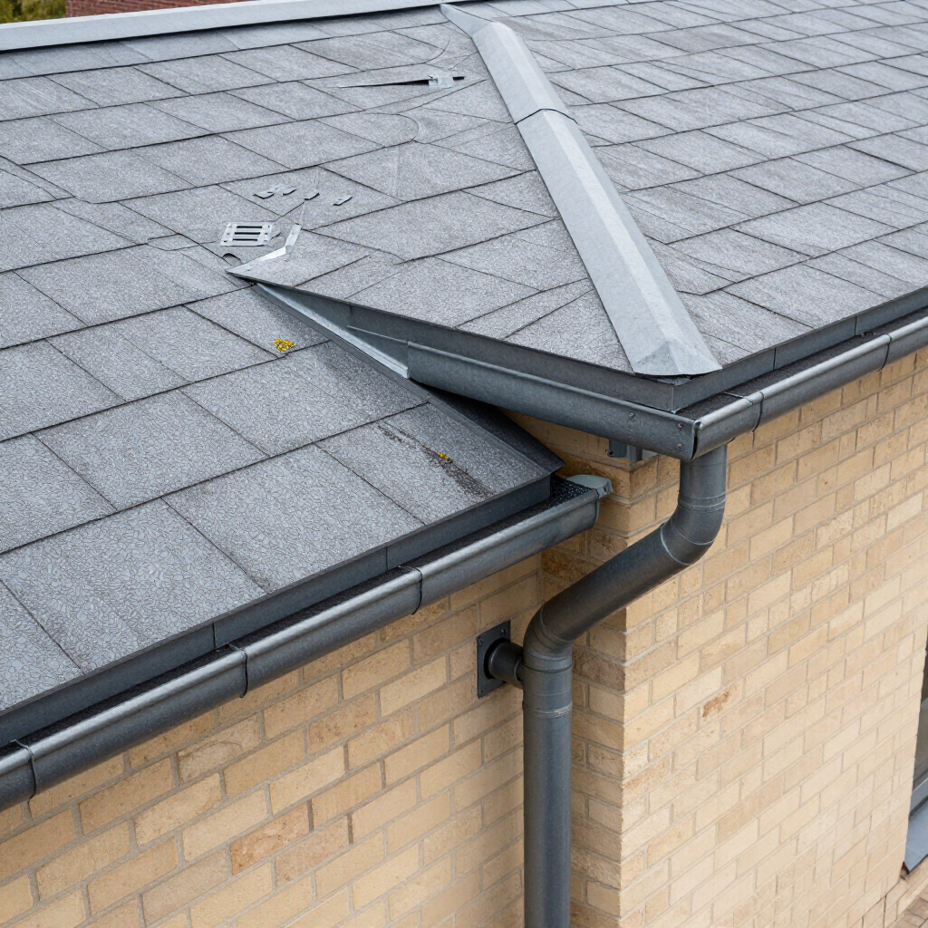 Roof gutter at a house corner with gray shingles and a downspout against brick siding
