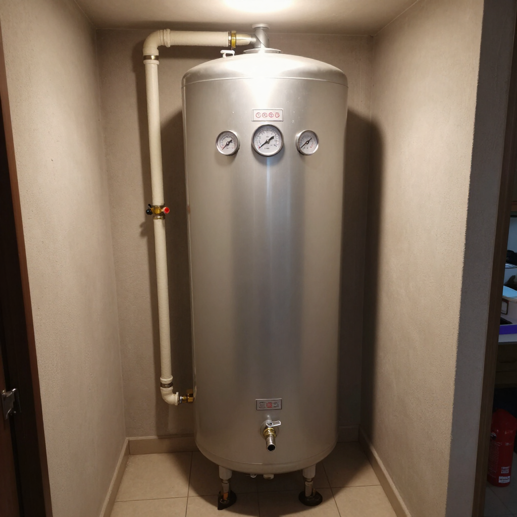 Tall silver water heater tank in a narrow utility closet with pipes and pressure gauges.