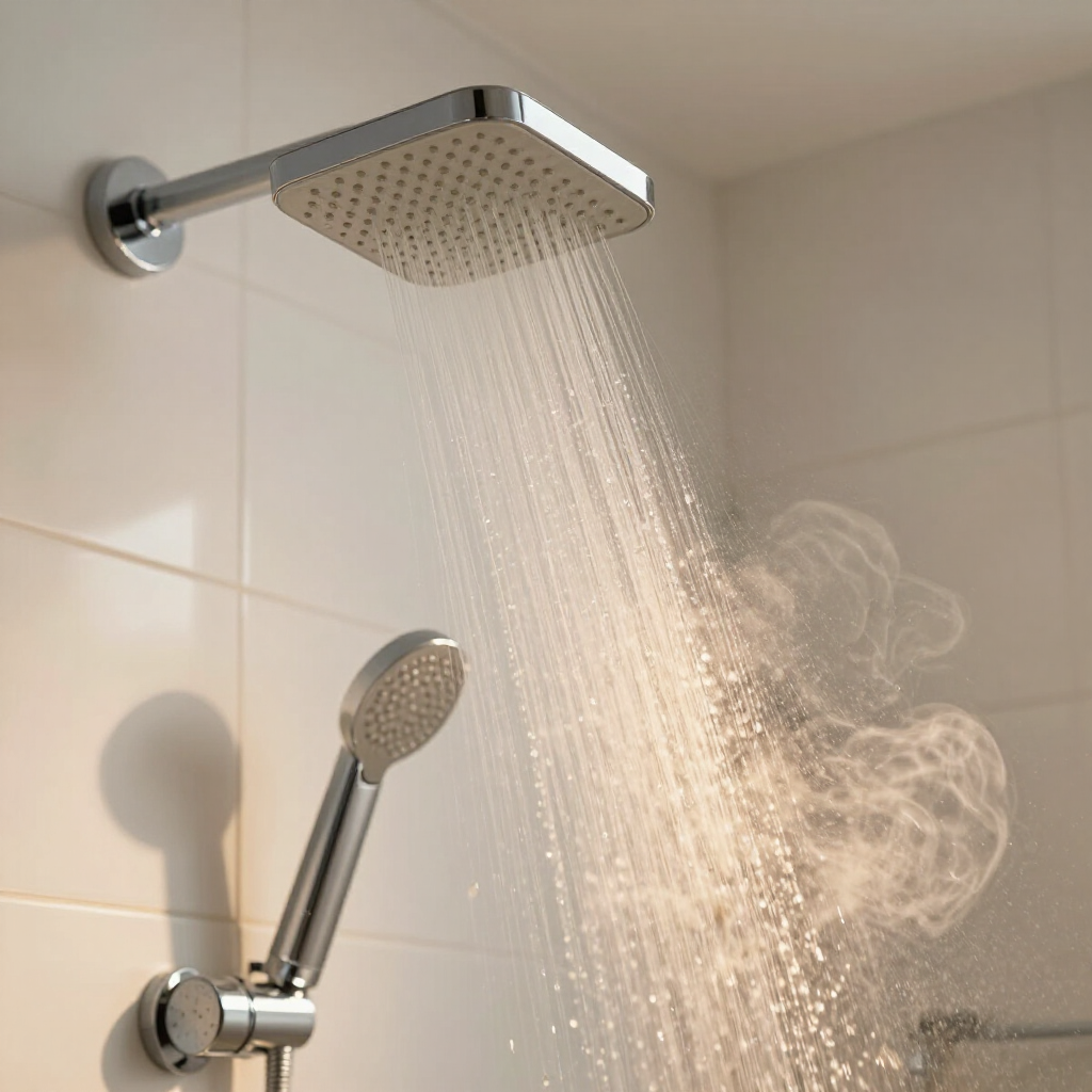 Modern shower with rainfall head and handheld sprayer spraying water in a tiled bathroom