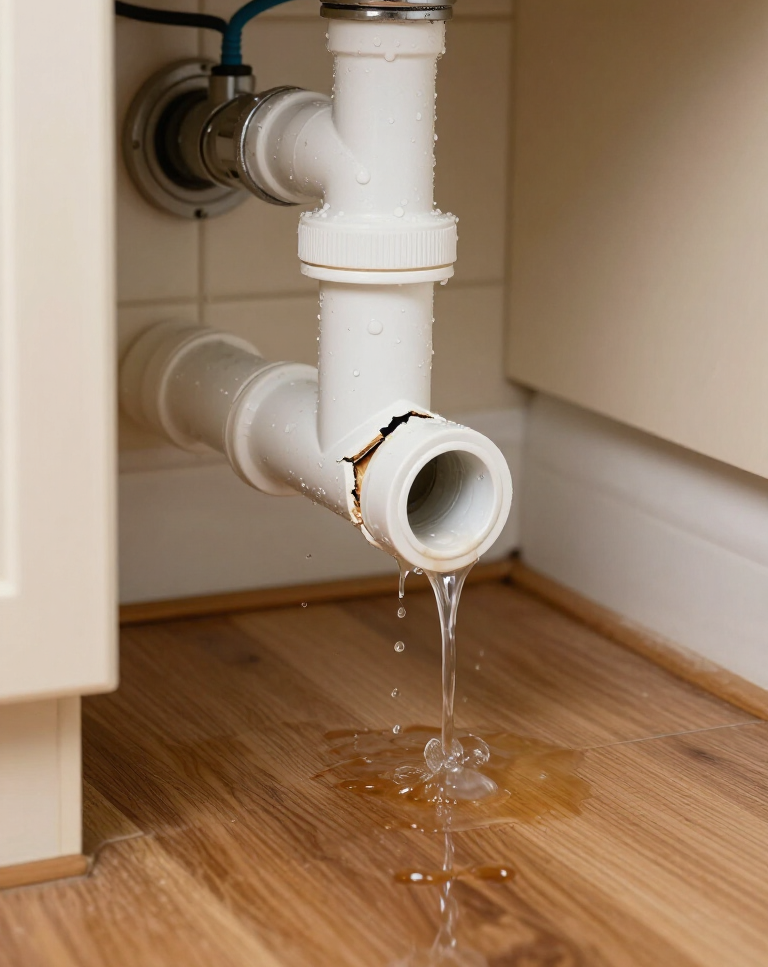 Leaking white drain pipe under a sink, water dripping onto a wooden floor.