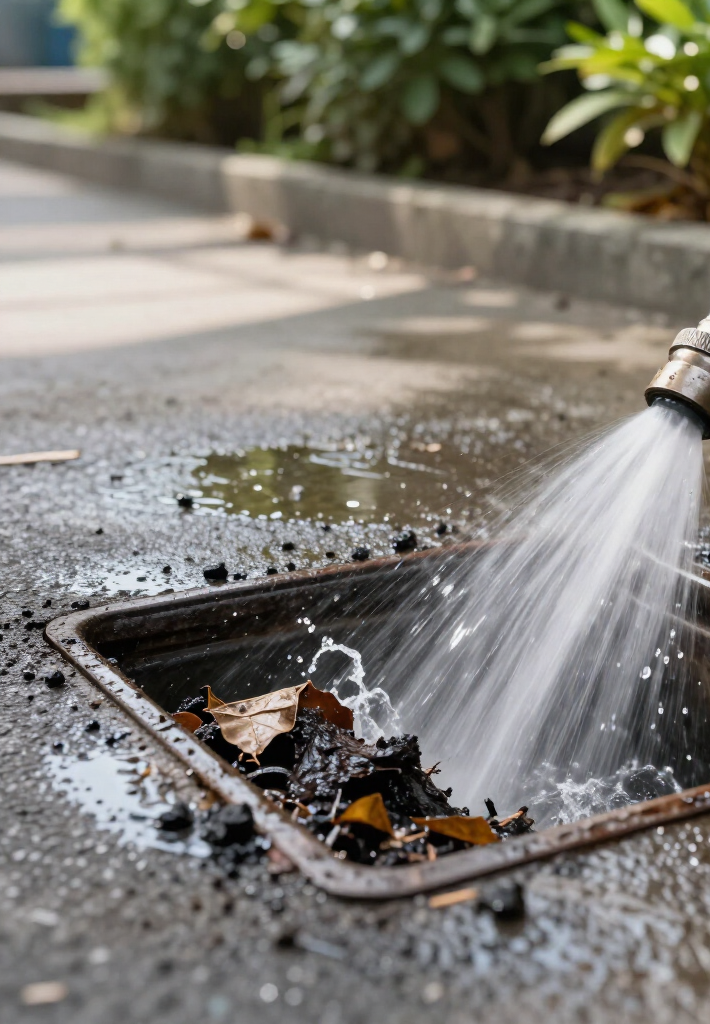 Water spraying into a storm drain grate on a sidewalk with leaves and puddled water nearby
