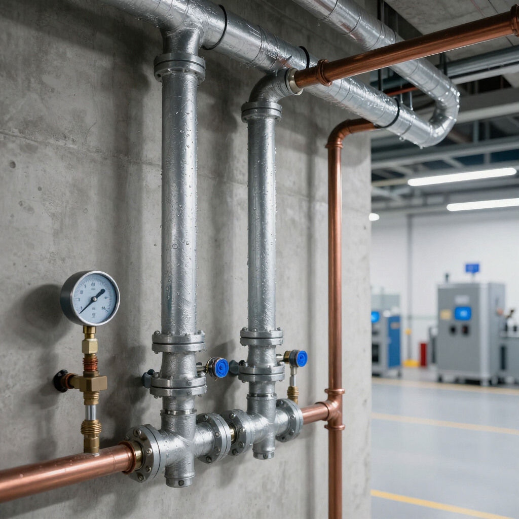 Industrial pipes with gauges and valves in a concrete utility room, including copper and silver piping.