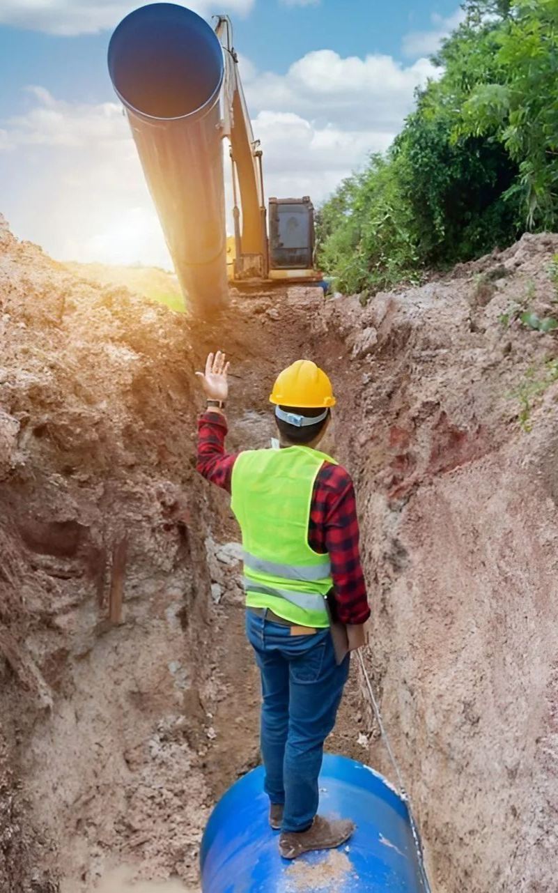 Worker in yellow vest and hard hat standing in a trench near construction machinery and a large pipe.