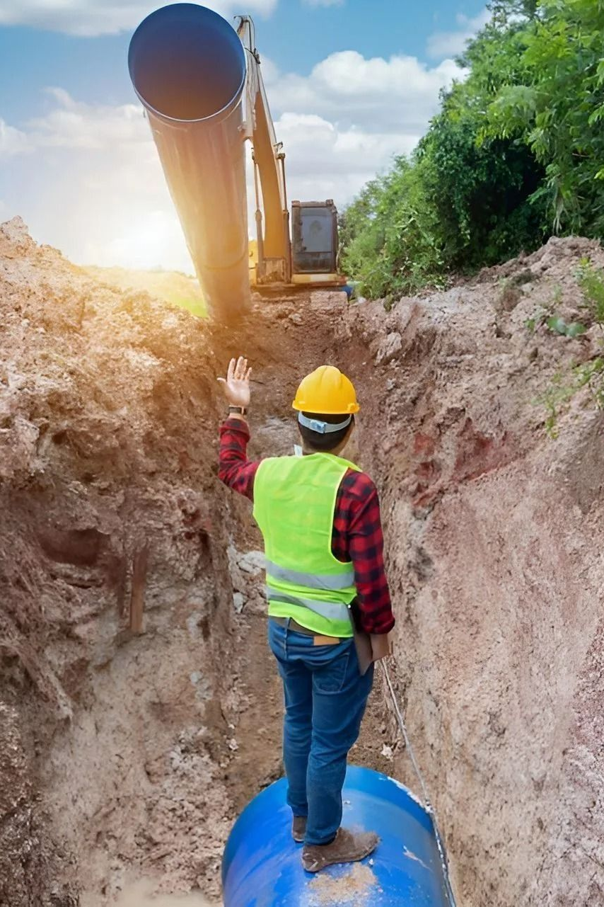 Worker in hard hat standing on a blue pipe in a trench beside heavy machinery at a construction site