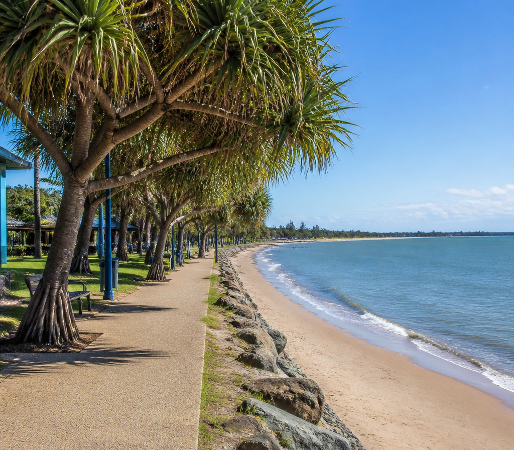 Palm-lined beach path beside calm blue water on a sunny day