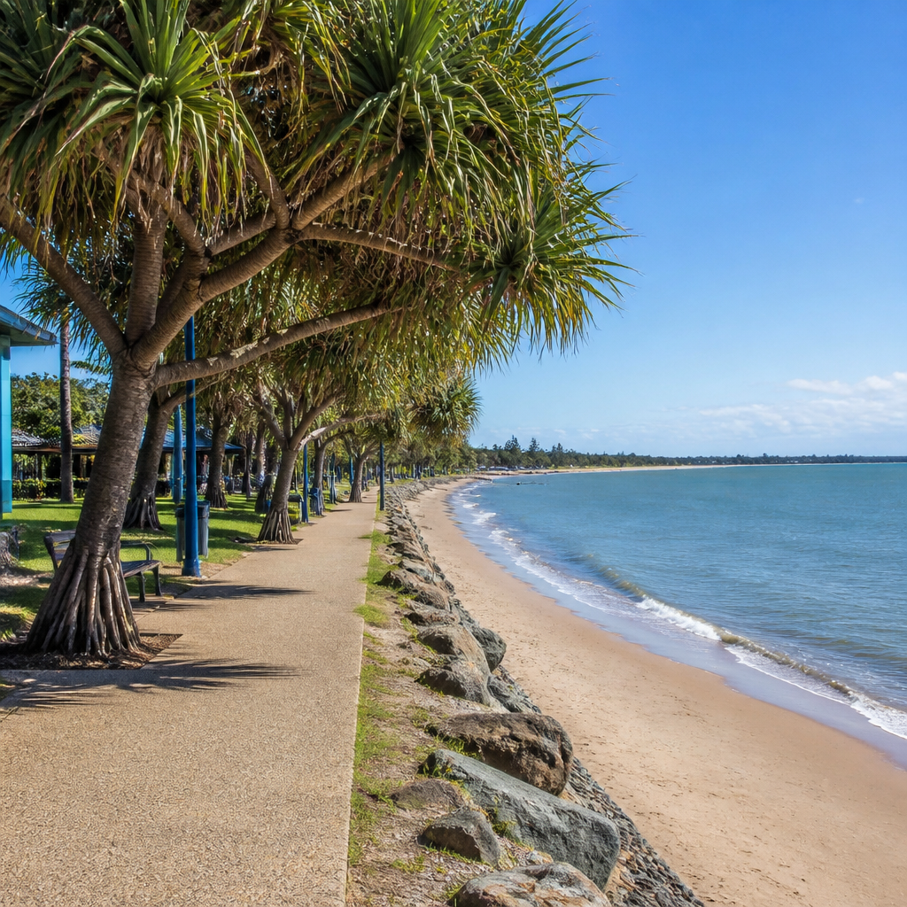 Sandy beach with calm blue water and a palm-lined promenade under a clear sky