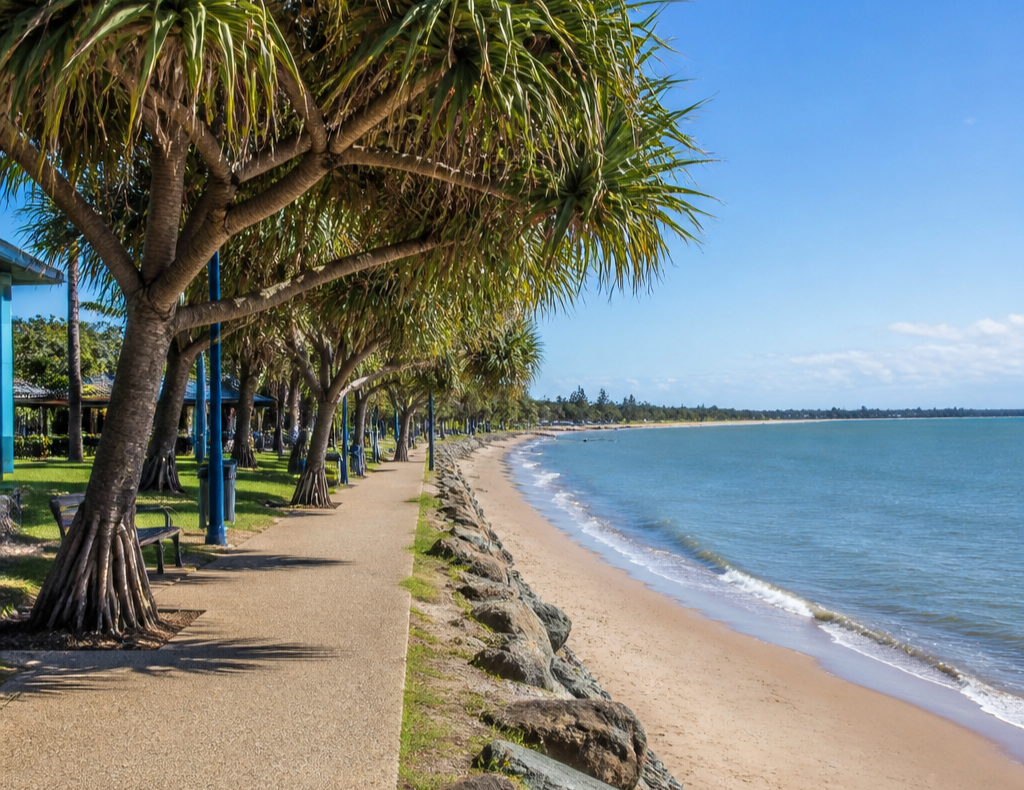 Shaded seaside path beside a calm blue beach under tall palm trees and a clear sky