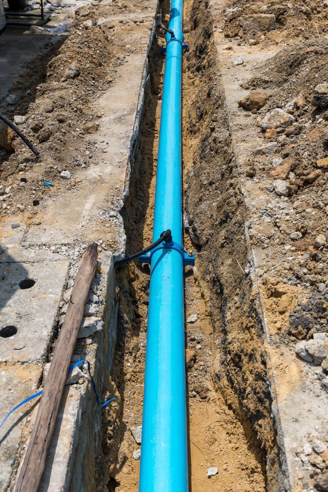 Blue utility pipe laid in a dirt trench at a construction site