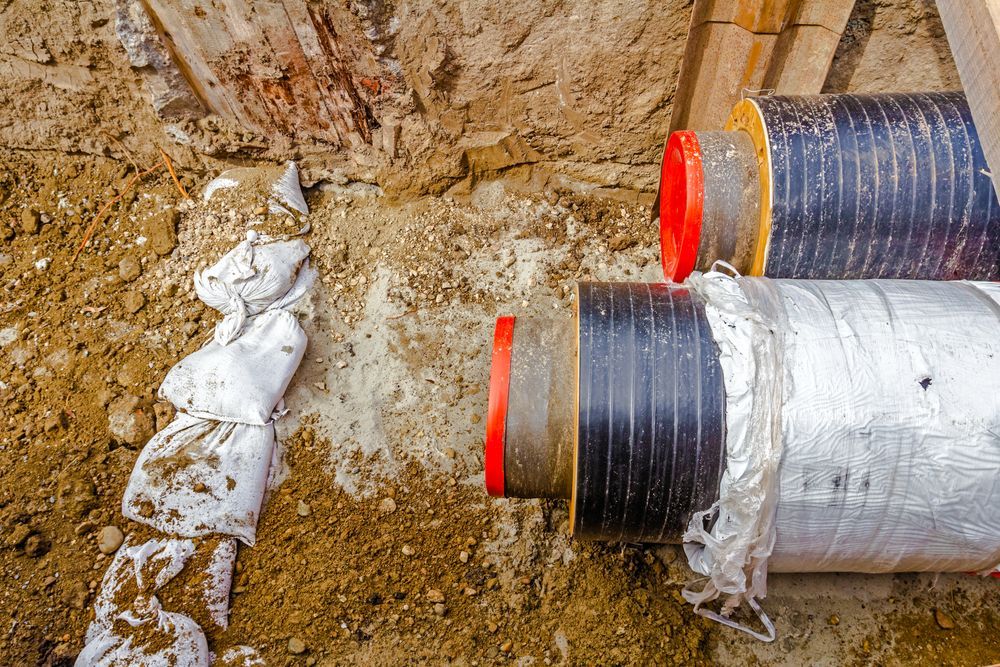 Insulated pipes connected in a dirt trench, with red-capped ends and white wrapping at the joint