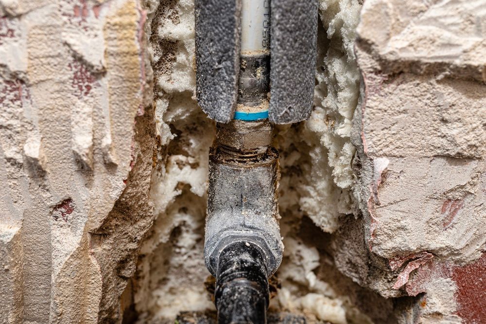 Close-up of corroded pipes and damaged plumbing embedded in a crumbling wall.
