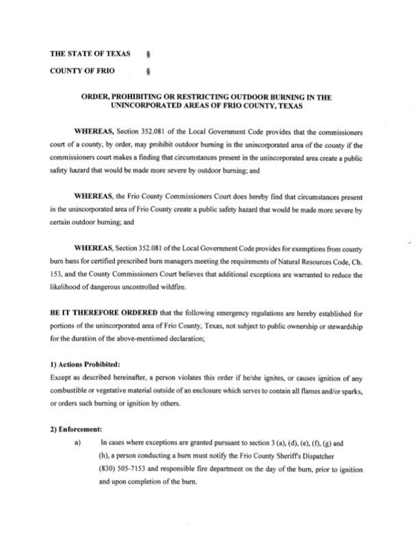 Scanned page of a Texas of County of Frio Burn Ban Order.