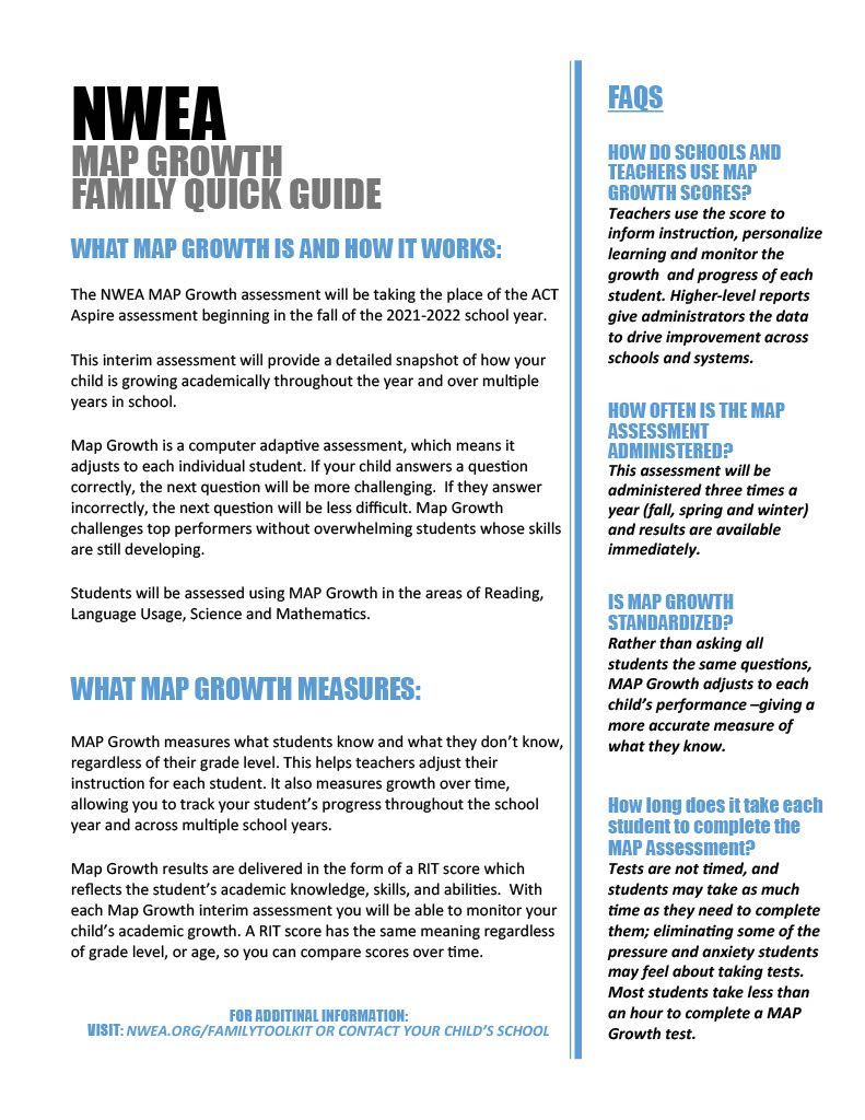 A white sheet of paper with a blue border is titled mwea map growth family quick guide.