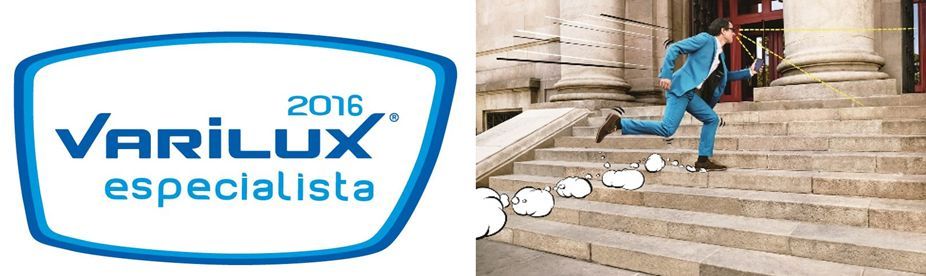 Un hombre baja corriendo unas escaleras junto a un logotipo de Varilux.