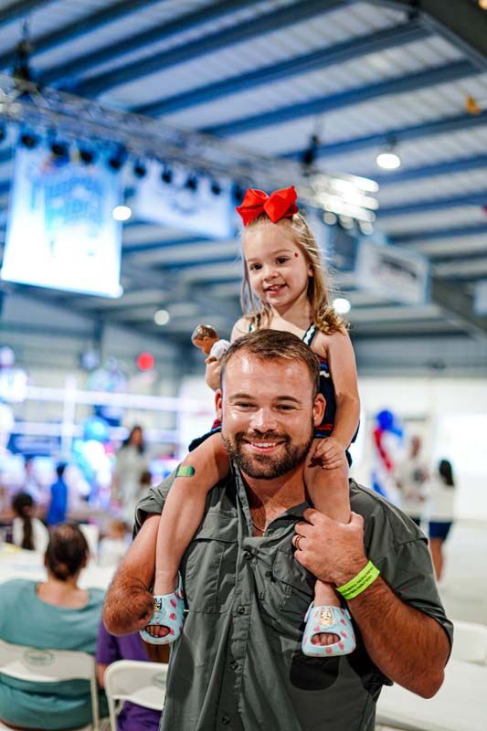 A man is carrying a little girl on his shoulders.