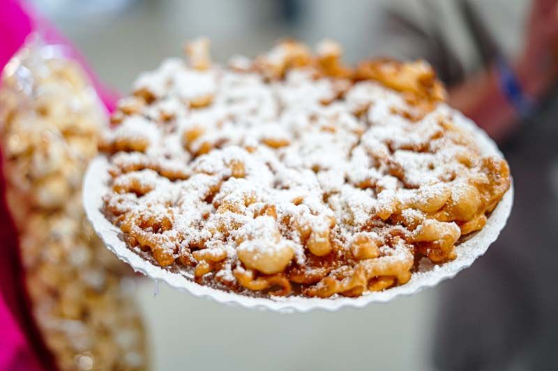 A person is holding a plate of funnel cake with powdered sugar on it.