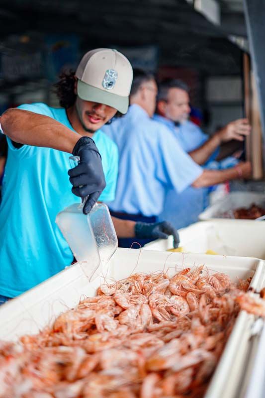 Worker in blue shirt and hard hat scooping shrimp at a seafood processing station.