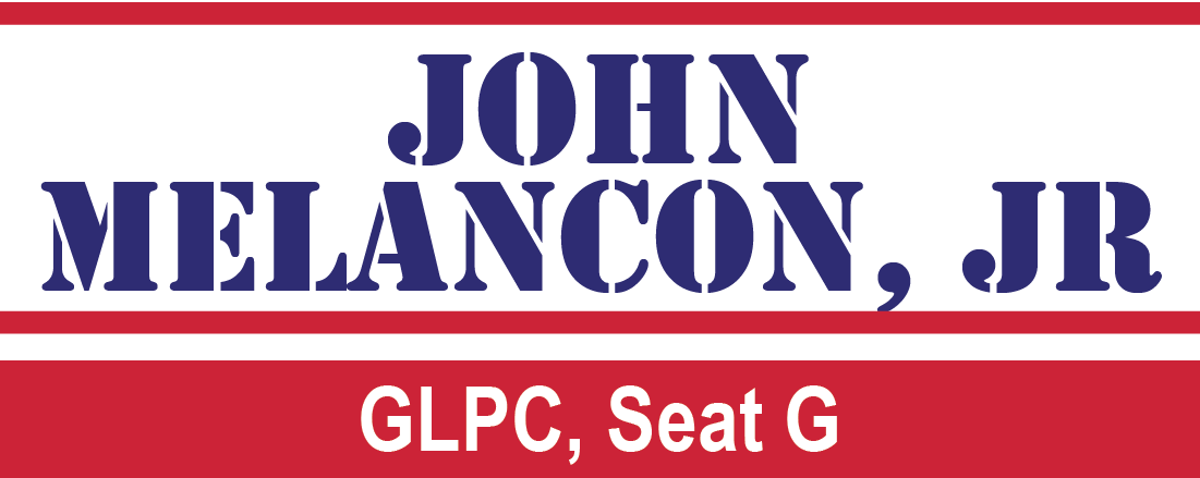 Campaign sign for John Melançon, Jr. in blue and red, labeled “GLPC, Seat G”