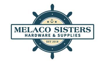 Melaco Sisters Hardware & Supplies logo with ship wheel icon and EST 2018 text, teal and cream