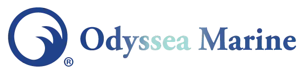 Odyssea Marine logo with blue circular sail icon and navy text on white background