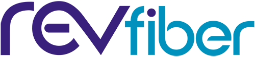 REVfiber logo in purple and blue text on a white background