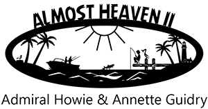 Logo reading “ALMOST HEAVEN II” with palm trees, sun, boat silhouette, and names “Admiral Howie & Annette Guidry”