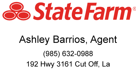 State Farm logo with Ashley Barrios, Agent, phone (985) 632-0988, 192 Hwy 3161 Cut Off, LA