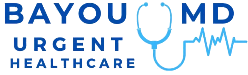 Bayou MD Urgent Healthcare logo with blue text and a stethoscope