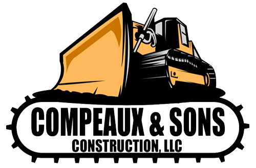 Logo for Compeaux & Sons Construction, LLC with a bulldozer graphic in black, white, and orange