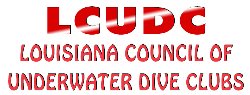 Logo for Louisiana Council of Underwater Dive Clubs in red and black text with stylized LCUC lettering