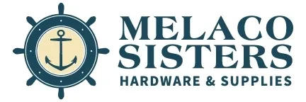 Melaco Sisters Hardware & Supplies logo with navy ship wheel and anchor on cream background