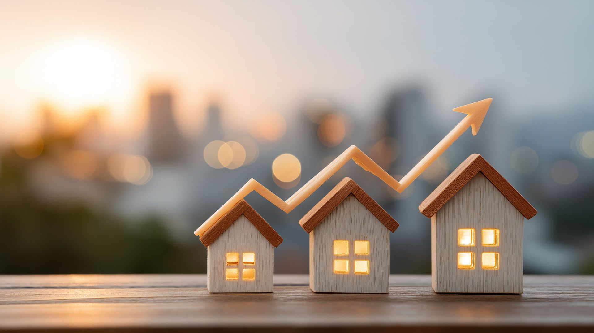 Three lit house models with an upward arrow, suggesting rising home values at sunset.