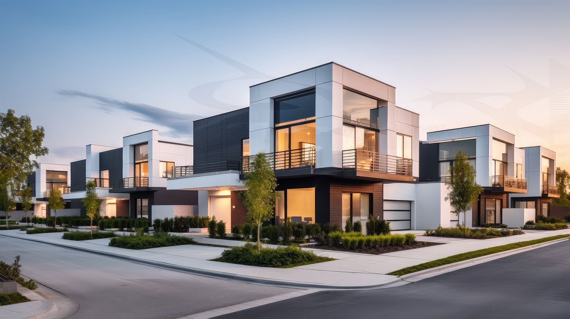 Modern luxury townhouse row with large glass windows, lit at dusk along a quiet street