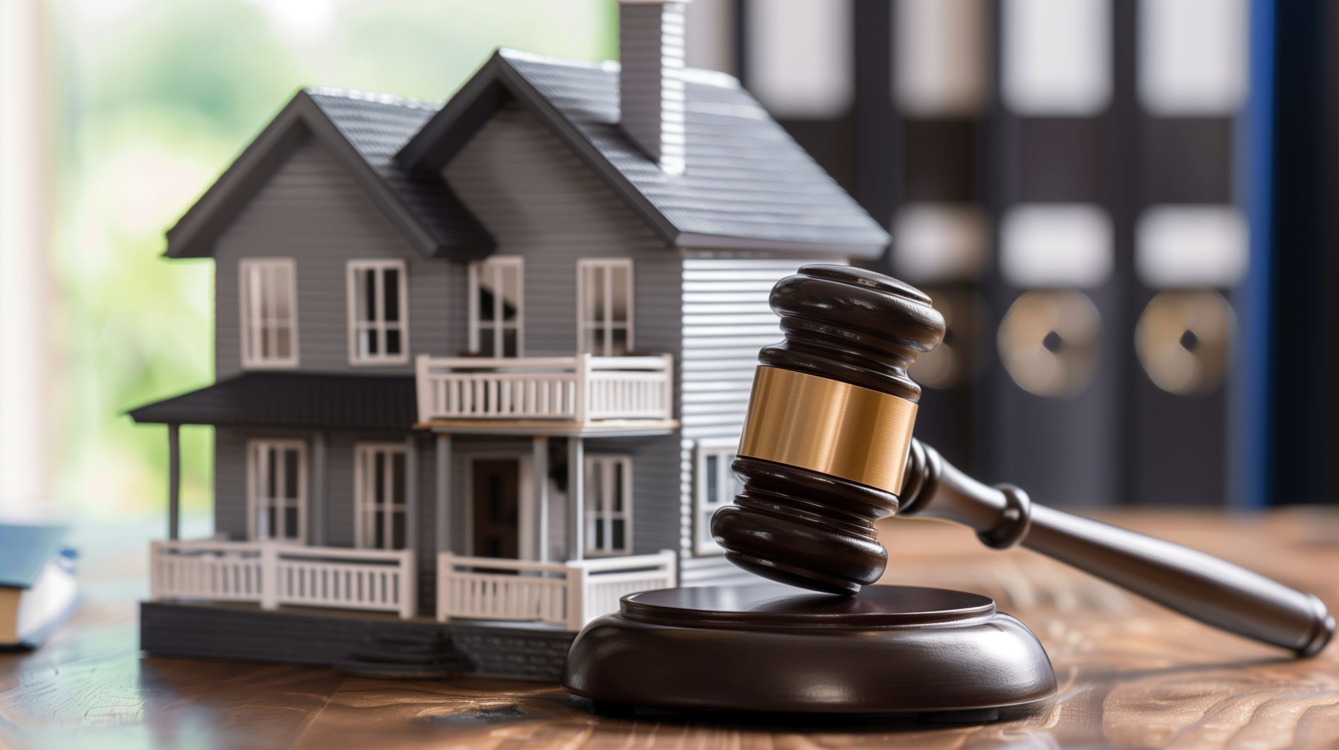 House model with judge’s gavel and scales on a desk, symbolizing real estate law.