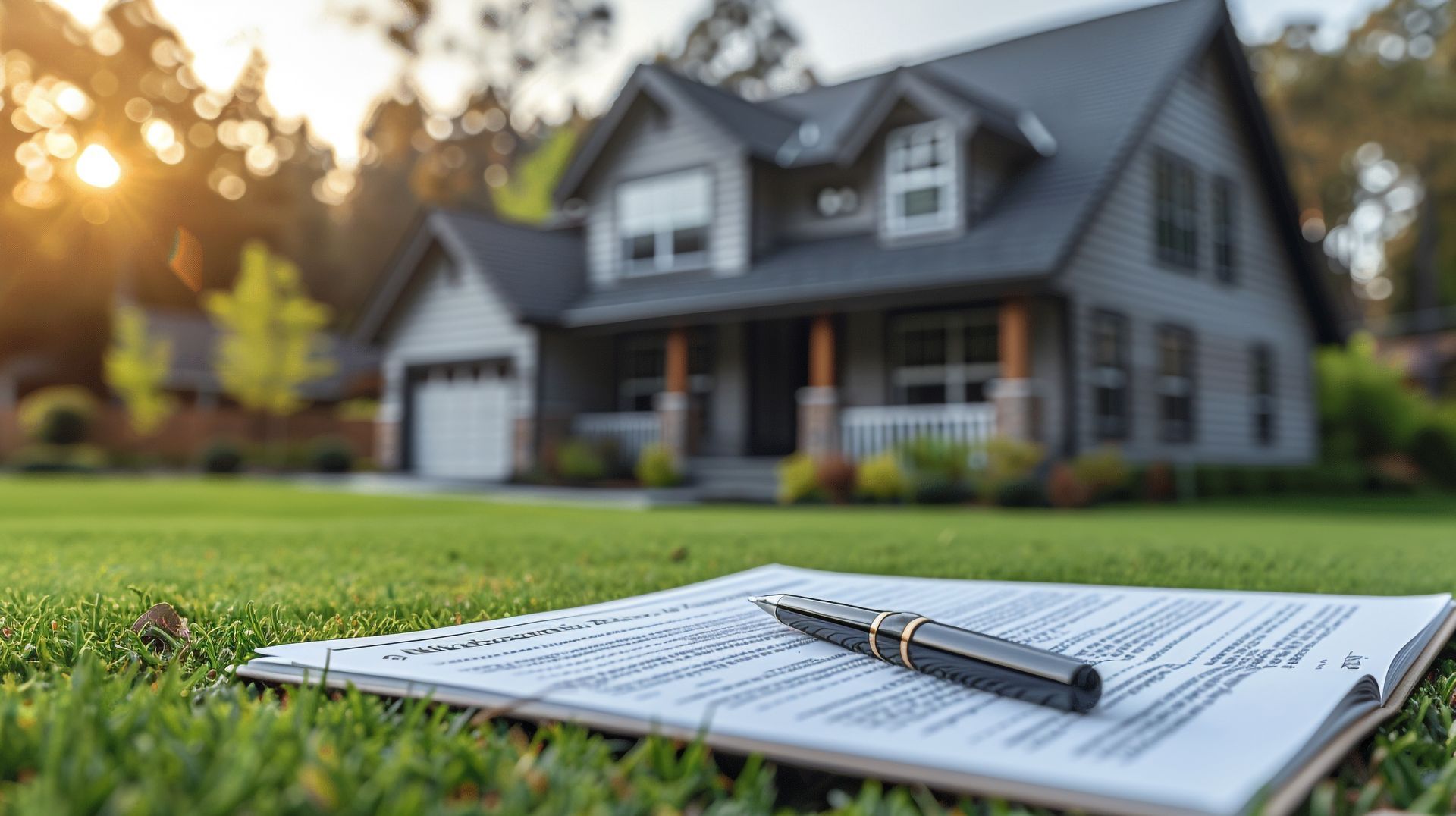 Pen and notebook on grass with a blurred suburban house in the background