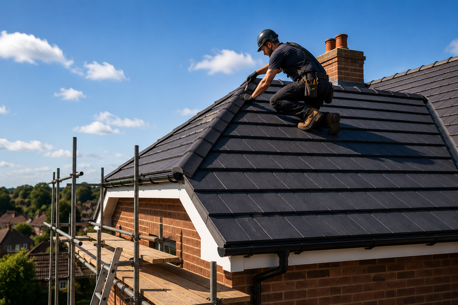Roofer working on residential roof installation