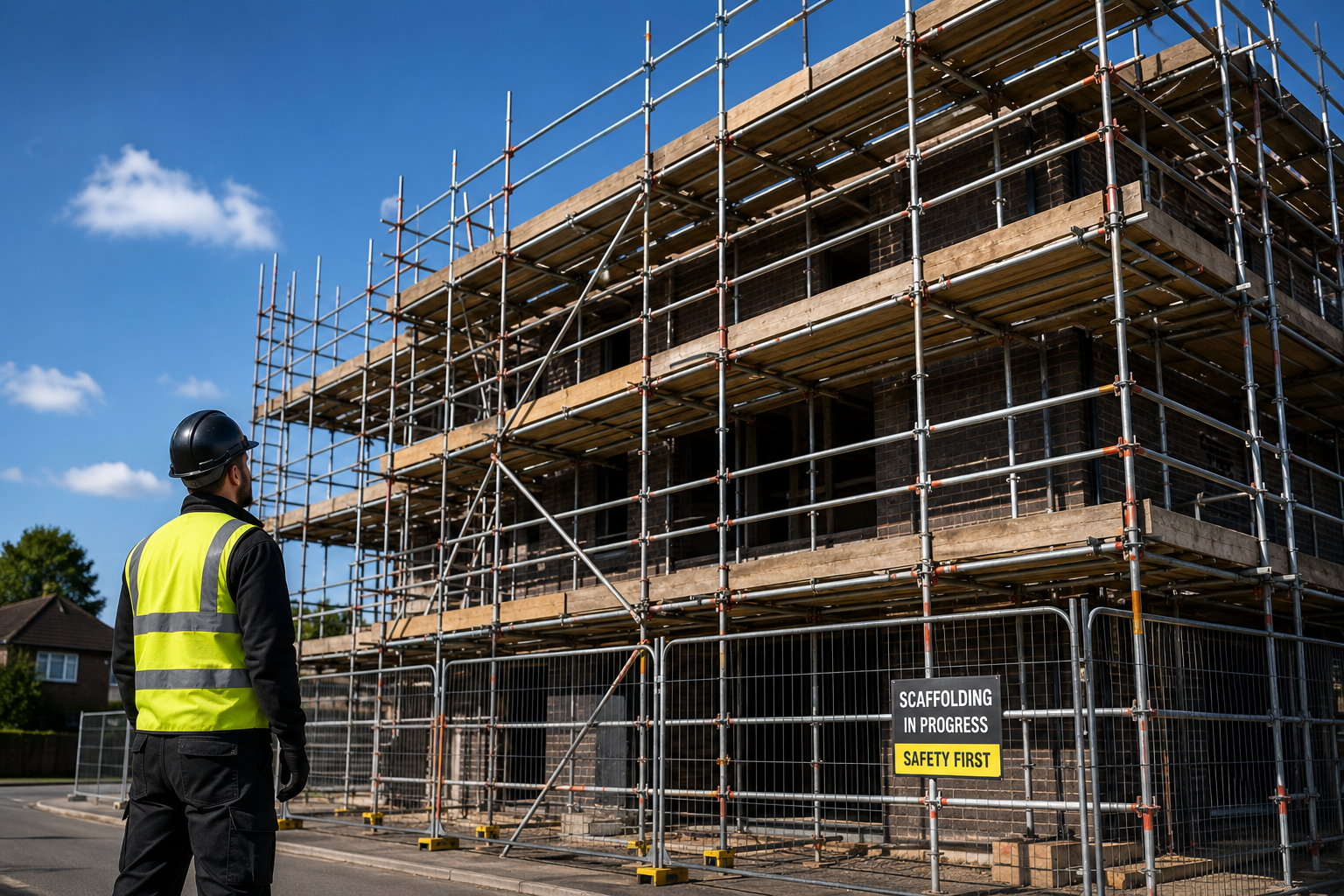 Worker overseeing scaffolding construction site