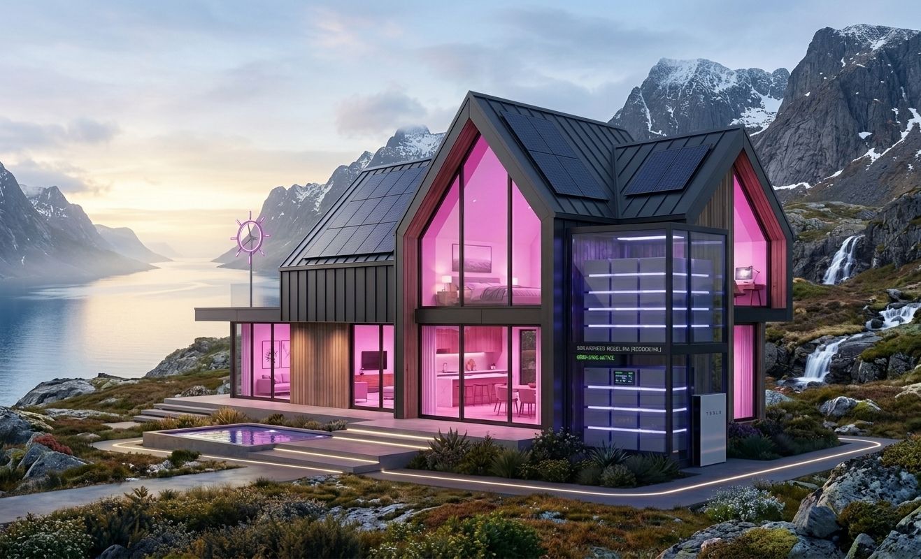 Modern home with solar panels near mountains