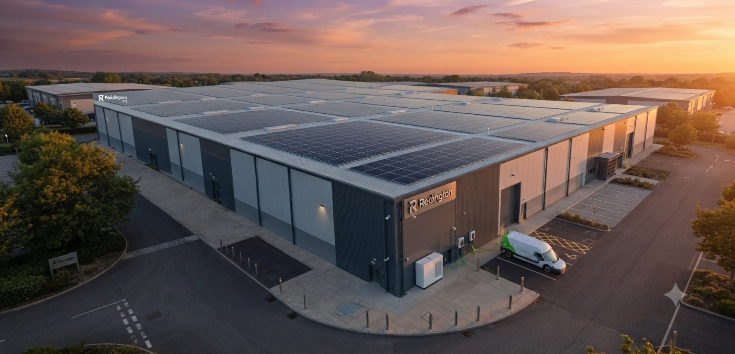 Commercial building with rooftop solar panels