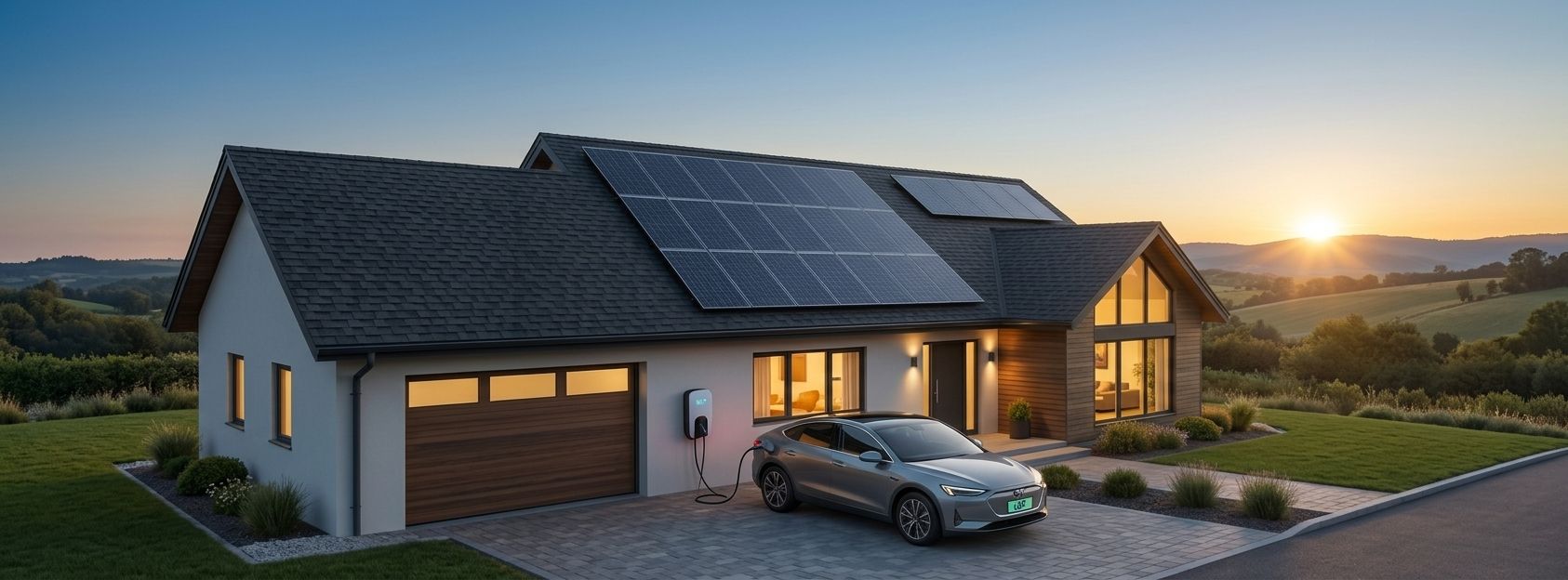 Home with solar panels and EV charging car