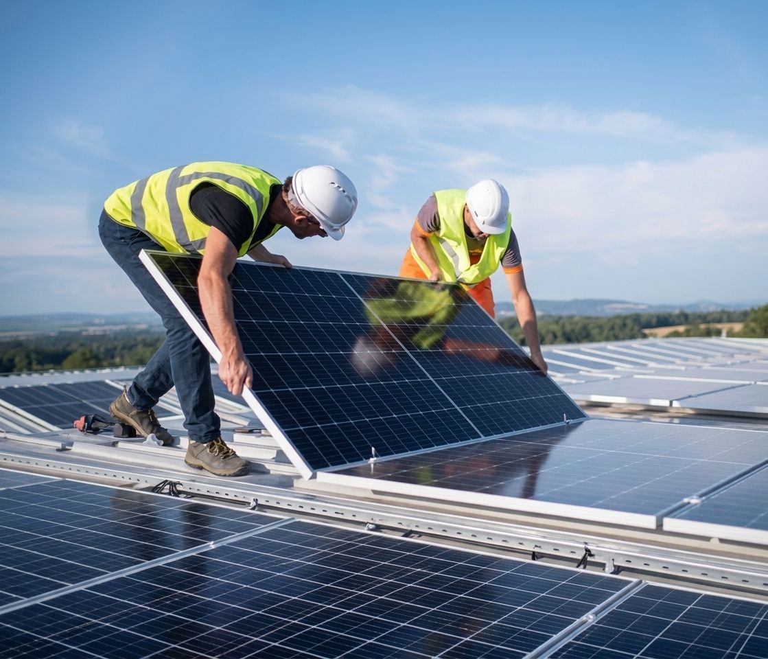Engineers installing rooftop solar panels