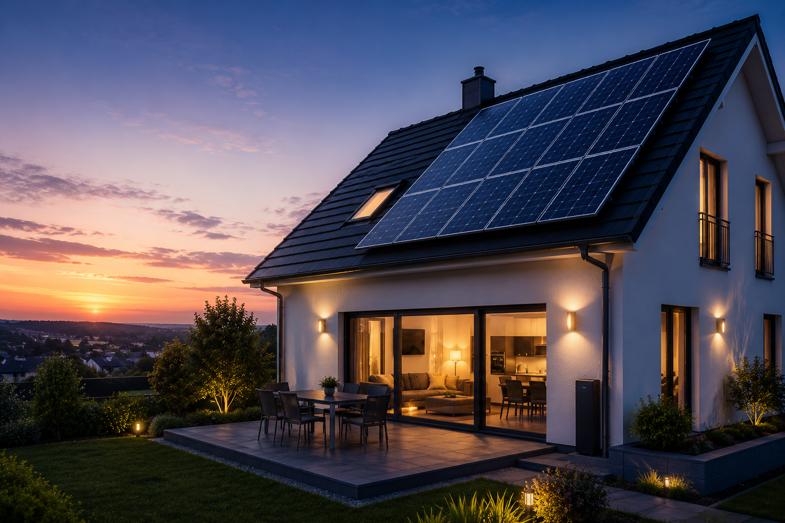 Home with rooftop solar panels at sunset